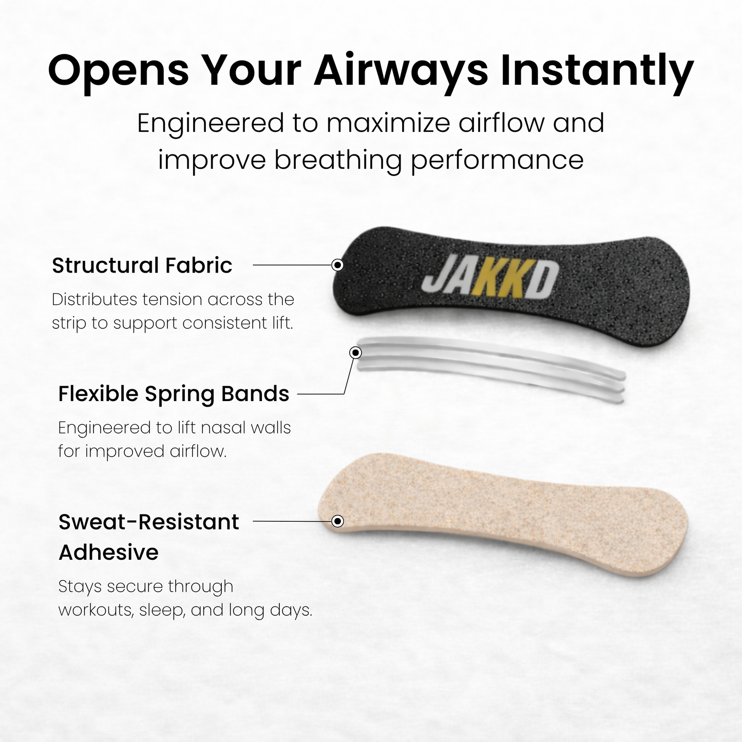 How the nasal strips in the JAKKD Breathing Bundle work: the strip lifts and opens the nasal passages for more airflow